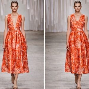 MILLY Orange Abstract Print Cross Back Midi Dress Sz 12 FITS 10 Derby Resort